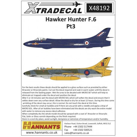 Decals Hawker Hunter F.6 Pt 3 (9)XF383 R Day Fighter Combat School RAF Stradishall 1961;XF418/16 Tactical Weapons Unit RAF Brawd