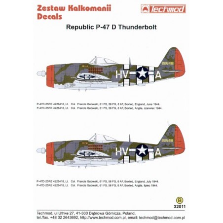 Decals Re-released and updated! Republic P-47D Thunderbolt 'Bubbletop' (2) 2 versions of 226418 HV-A 61 FS/56 FG Col Francis Gab