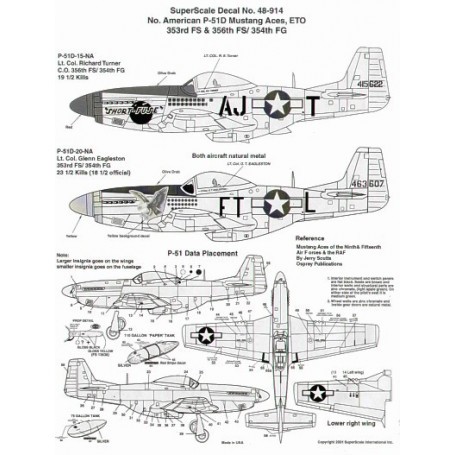 Decals North American P-51D Mustang Aces (2) 415622 AJ-T Lt Col Richard Turner CO 356FS/354FG Short Fuse red spinner 463607 FT-L